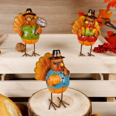 FORUP Thanksgiving Turkey Tabletop Centerpiece Decor, Set of 3 Resin Turkey Friends Decoration for Autumn Harvest