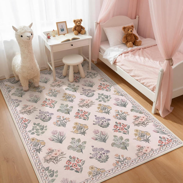 Wonnitar Pink Rugs for Bedroom Girls Nursery, Floral Print 5x7 Washable Rug,