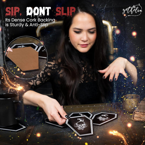 GOTHELIA 5 Set Set, Piece Cobra Skull Head Coffin Shaped Coasters by - Coffee Table Decor, Anti-Slip Drink Coaster Cork