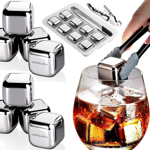 DERGUAM 8 Packs Fast-Cooling 304 Stainless Steel Ice Cubes, Whiskey Stones with Wine Opener, Nonslip Ice Tong & Tray