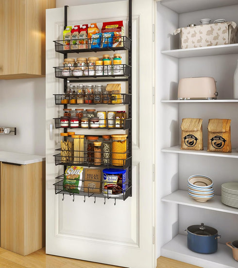 Over The Door Pantry Organizer, 6-Tier Adjustable Hanging Baskets, Metal Wall Mount Spice Rack for Home & Kitchen -