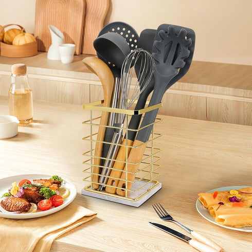 Square Kitchen Utensil Holder - Sturdy Metal Rack for Countertop Storage, Stylish Utensil Caddy with Drainage Hole