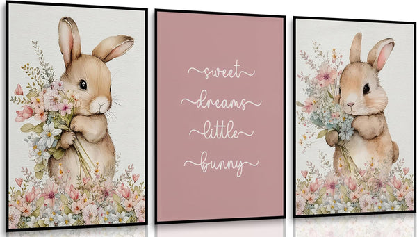 Uofnvrji 3Pcs Cute bunny Canvas Wall Art Colorful wildflower Posters Prints Botanical Floral