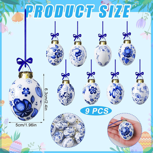9 (9 Funtery Pcs Chinoiserie Porcelain Blue and White Easter Egg Hanging Pendants - Decorative Hanging Ornaments