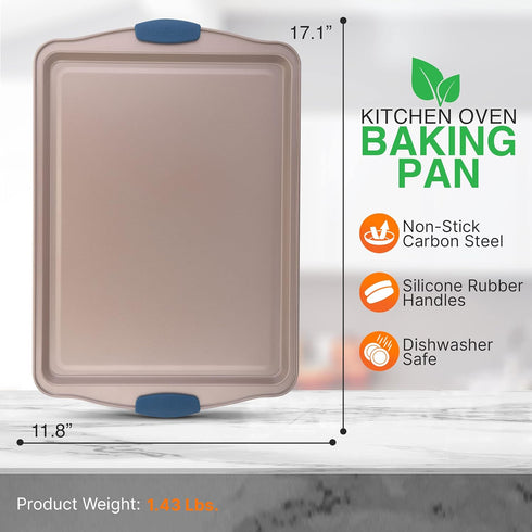 NutriChef Large Nonstick Cookie Sheet for Baking - 17" x 11" Carbon Steel Kitchen Oven Baking Pan, Premium Restaurant Grade Bakeware w/Blue Silicone Handles - Easy to Clean, Champagne Gold by NutriChef