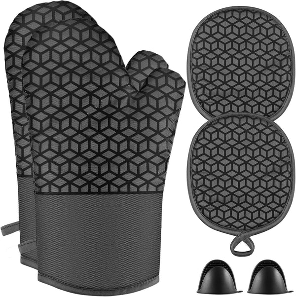 Oven Mitts and Pot Holders Set, 6 Pcs, High Heat Resistant, Large Size, Non-Slip Silicone Surface (Black)