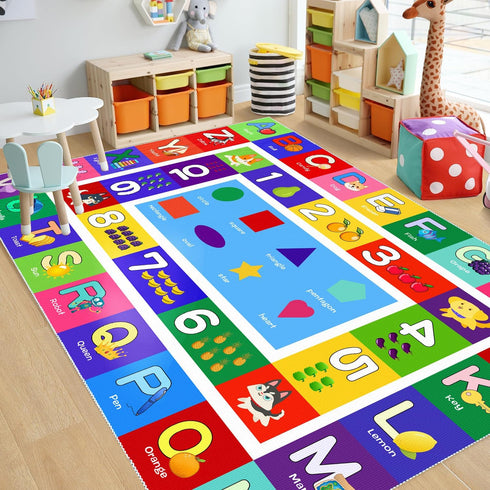 4' 2'7" ABC Kids Play Rug - Number Alphabet Shape Fruit Learning Educational Area Rug - Large Non-Slip Kids Room Play
