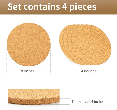 Cork Trivets for Hot Dishes, 4 Pack 8 Inch Heat Resistant Cork Pot Holder for Hot Pots and Pans, Thick Cork Coasters