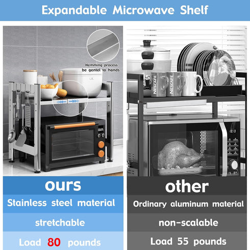 Extendable Adjustable Microwave Oven Rack, 2-Tier Stainless Steel Kitchen Counter Shelf with 4 Hooks