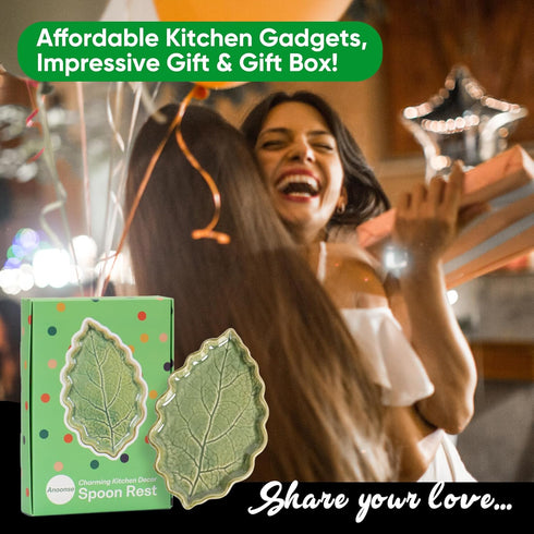 Ceramic Spoon Rest for Stove Top, Cute Green Leaf Shaped Spoon Holder for Kitchen Countertop, Cooking Utensil Rest