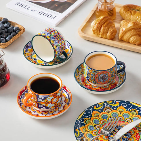 8 Oz Set 4,Bohemian Cafe-03 vancasso Stackable Espresso Cups with Saucers and Metal Stand of Ceramic Cappuccino Cups