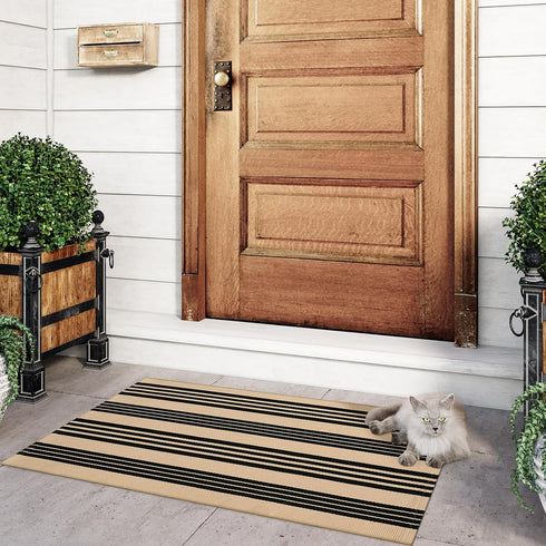 Black and Khaki Striped Rugs 2.3'x3.6', Washable Hand Woven Front Door Rug, Reversible Outdoor Welcome Mat