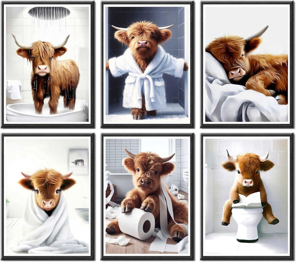 6Pcs Funny Bathroom Wall Art, Highland Cow Canvas Posters Prints, Vintage Humor Animal Pictures for Kid's Bathroom Decor