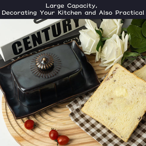 Countertop, 7.5 Inch Butter Dish with Lid for Large Ceramics Butter Dish Container, Butter Holder with Handle, Black