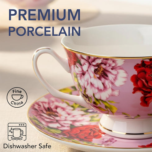 Set 6, 8 oz, Sets, BTaT- Tea Cups and Saucers, of Floral Design, Porcelain Tea Cup Dishwasher Safe