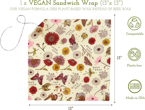 Bee's Wrap Vegan Beeswax Wraps - Organic Meadow Magic Sandwich Wrap, Reusable Bread Bags Made in USA, Eco-Friendly