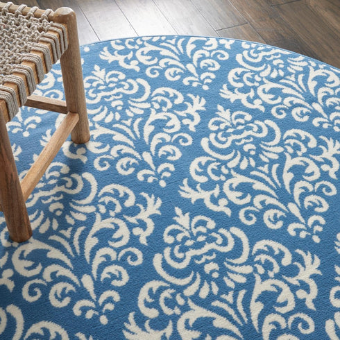 Nourison Grafix Damask Blue Area Rug, 5'3" x ROUND, Easy-Cleaning, Non-Shedding for Bedroom, Living Room, Dining Room,