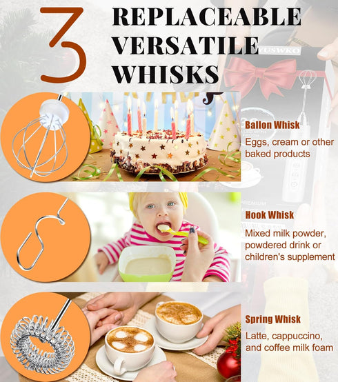 YUSWKO Milk Frother Handheld for Coffee, Rechargeable Drink Mixer with 3 Heads, Electric Whisk Gift for Occasions