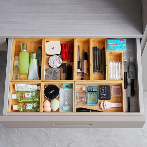 Fabsome Drawer Organizer, Set of 9 Bamboo Wood Storage Boxes for Kitchen, Makeup, Bathroom, Office