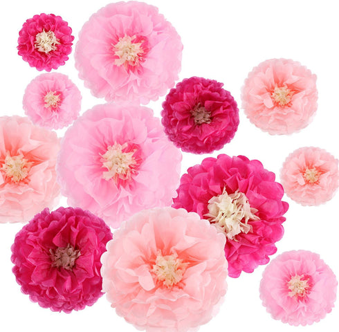 Gejoy 12 Pieces Pink Paper Flowers Tissue Pom Poms for Wedding Backdrop, Baby Shower, Birthday