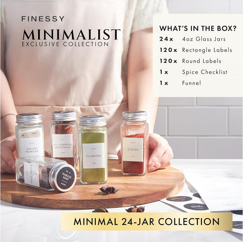 24 Pack Set, 4oz Glass Spice Jars with Labels with Metal Lids and Shakers Minimalist Small Clear Empty Spice Bottles