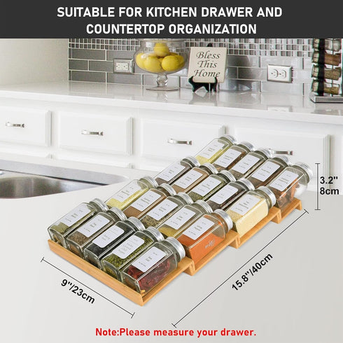 18 Jars,216 Labels,25 4 Drawers,Cabinets,Countertop,9" 15.8" Spice Drawer Organizer with Spice Non-slip Rubber, Bamboo