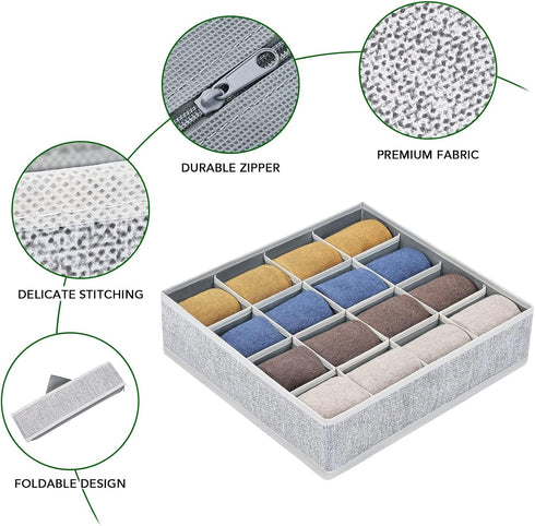 Joyoldelf 4 Pack Sock Drawer Organizer, 16-cell Fabric Dresser Drawer Organizers for Socks, Lingerie, Handkerchiefs,