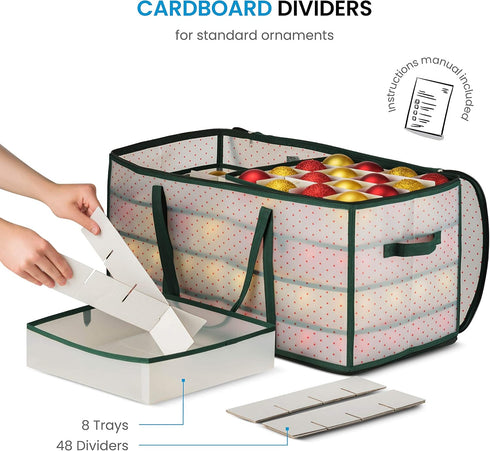 ZOBER Christmas Ornament Storage Box, Stores 128 Ornaments with 2 Sided Zipper, Green