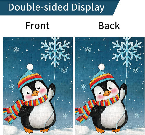 Winter Penguins Garden Flag 12x18 Inch Double Sided Burlap Welcome Christmas Snowflakes Scarfs Outdoor Holiday