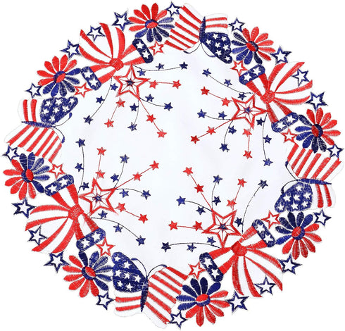 Simhomsen Embroidered Patriotic Round Doily Placemats, Set of 4 for July 4th, American Independence Day, 15 inches