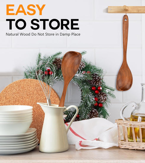 Wooden Spoons for Cooking, Natural Premium Teak Wood, Heat Resistant Cooking Utensils