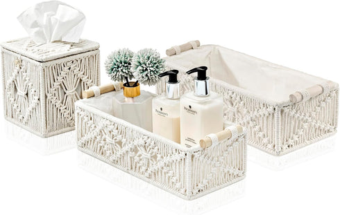 Sorbus Macrame Boho Decor Baskets & Tissue Holder Set - Decorative Woven