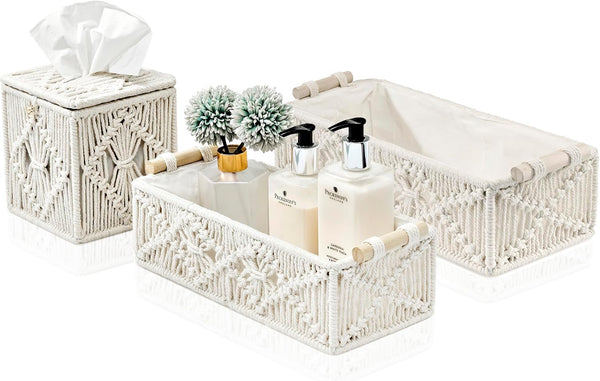 Sorbus Macrame Boho Decor Baskets & Tissue Holder Set - Decorative Woven