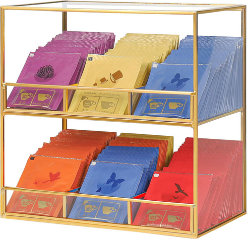 REDHUGO Glass Tea Bag Organizer for Counter, 2-Tier Teabag Organizer Storage Holder