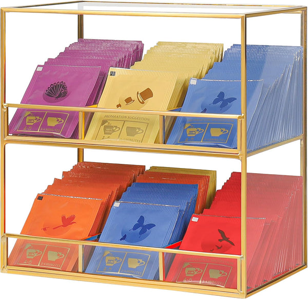 REDHUGO Glass Tea Bag Organizer for Counter, 2-Tier Teabag Organizer Storage Holder