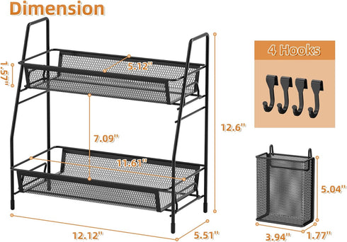 VITVITI 2-Tier Bathroom Organizer Countertop, Small Black Metal Wire Mesh Storage with Basket Hooks and Vanity Tray