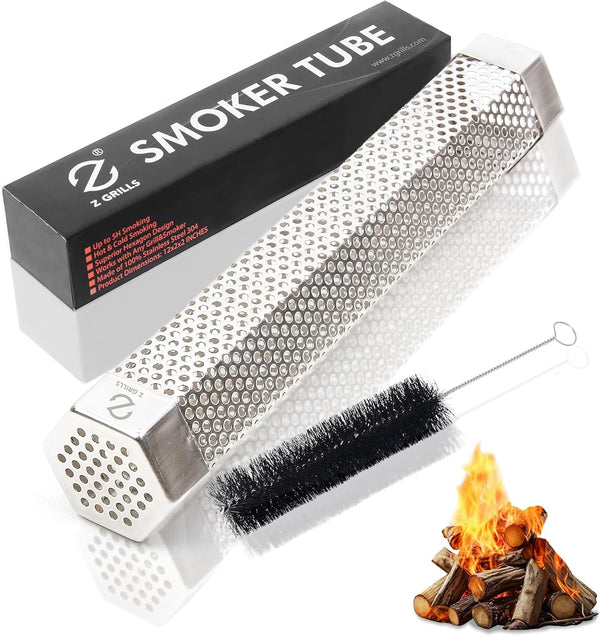 Z GRILLS 12" Pellet Smoker Tube with 2 Hooks and Brush, BBQ Billowing Smoke Mesh for Cold/Hot Smoking