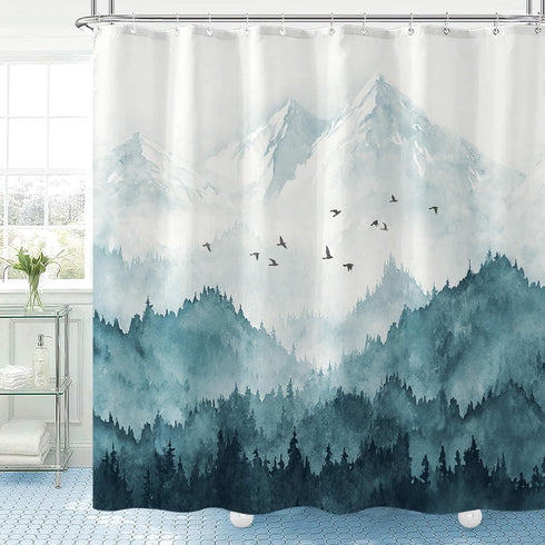 Watercolor Mountain Forest Shower Curtain, Nature Misty Foggy Navy Blue Tree Landscape Art Shower Curtains with 12 Hooks Bathroom Decor Waterproof Fabric 72 ×72 Inch