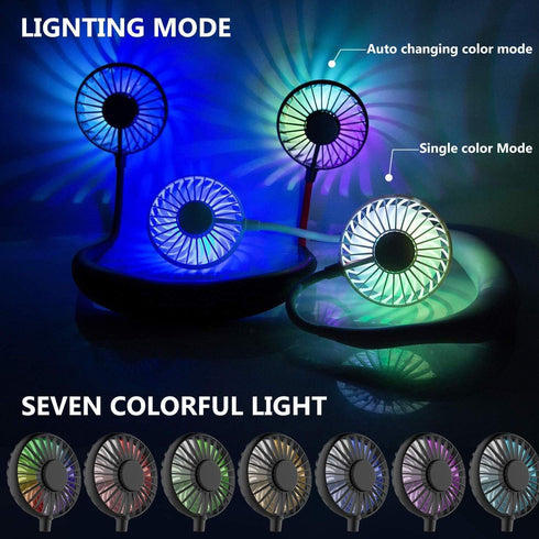 Portable Neck Fan, USB Rechargeable with 3 Adjustable Speeds and LED Lights - Black