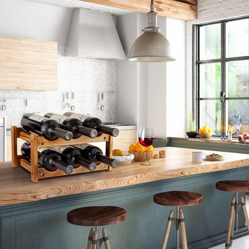 Wine Rack: 6 Bottle 2-Tier Wood Storage, Easy-Assembly Space-Saving Kitchen Organizer for Home and Bar