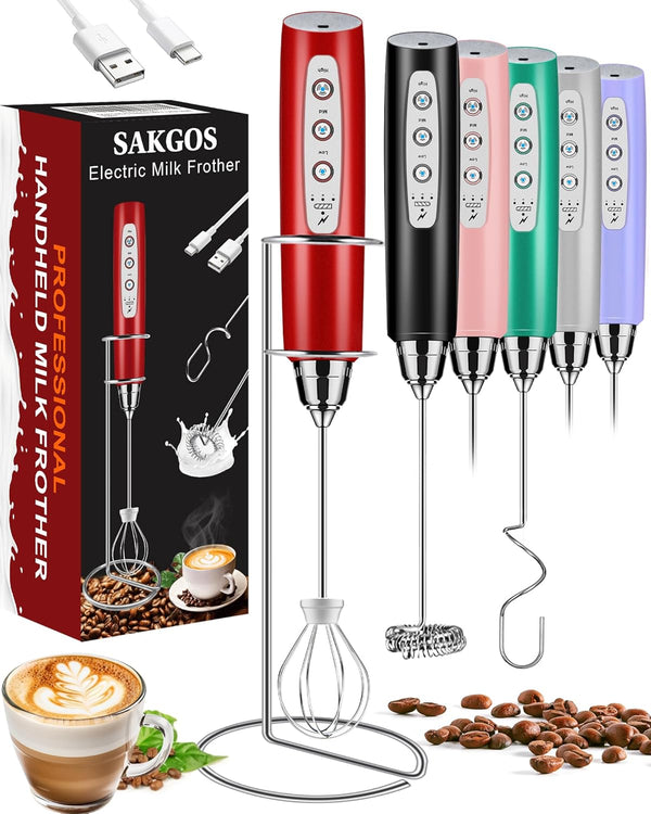 Milk Frother with Stand, Rechargeable Handheld Frother Wand, 3 Speed Adjustable, Electric Whisk Drink Mixer for Matcha