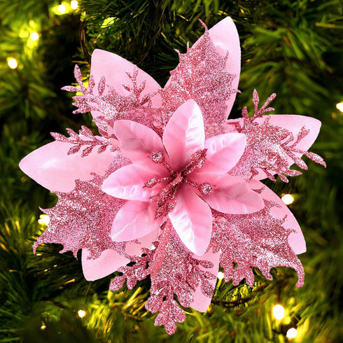 Christmas Poinsettia Artificial Flowers, 12 Pcs Glitter Picks for Wreaths Garland Decoration for Xmas