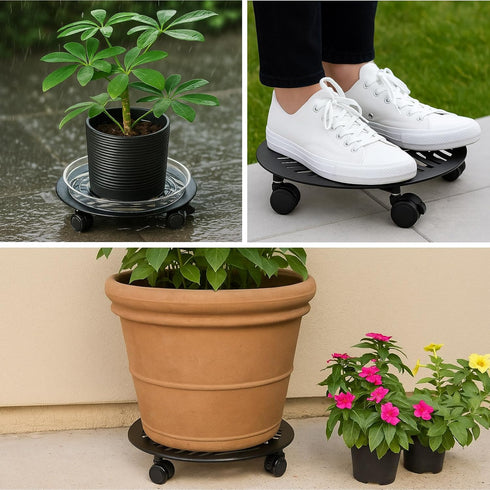 1 Packs 13.6" Large Metal Plant Caddy with PU Wheels Heavy-Duty Wrought Iron Rolling Plant Stands Indoor Outdoor