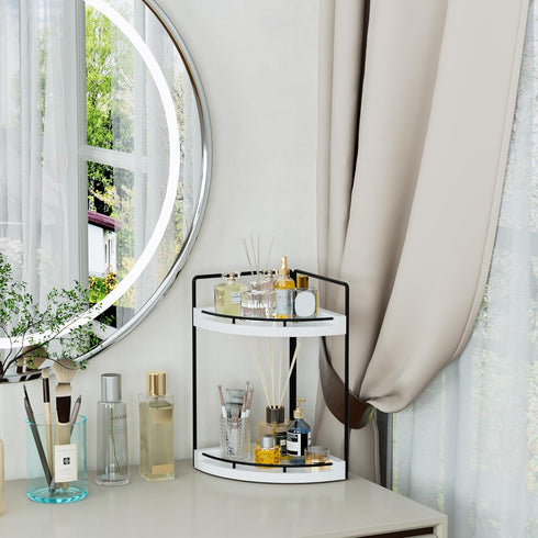 Counter 2 (White-2 Corner Bathroom Organizer, Tier Wood Vanity Storage, Waterproof Skincare Shelf for Kitchen