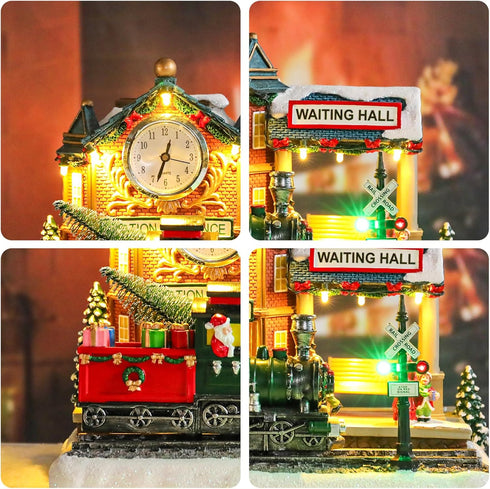 8 Vipush Christmas Village House Decorations Resin Railway Station Platform Home Decor Indoor Building Figurines