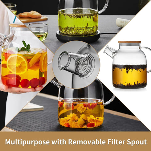 54oz Sturdy Glass Teapot with Removable Filter, Thick Borosilicate Glass Tea Pot with Bamboo Lid for Loose Tea