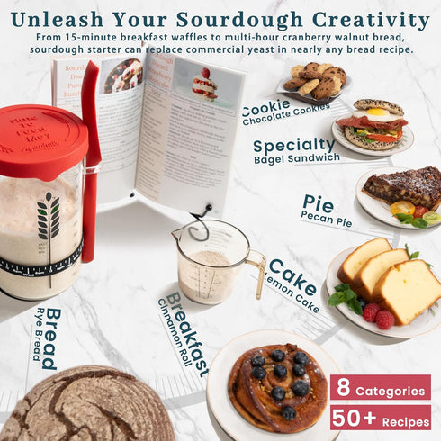 Sourdough Starter Kit - 38oz with Cookbook, Measuring Cup, Spatula, Thermometer, Date Marked Feeding Band, Glass Jar