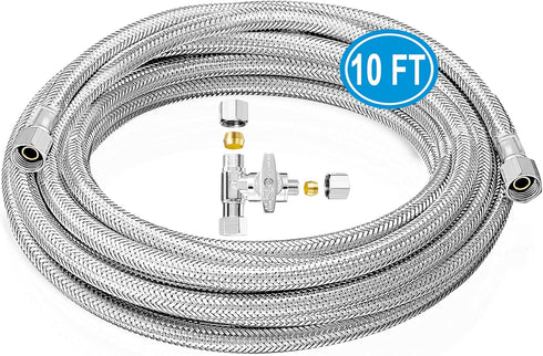 10FT Stainless Steel Braided Refrigerator Water Line Kit with Tee Stop Valve, Foodgrade PEX Inner Hose