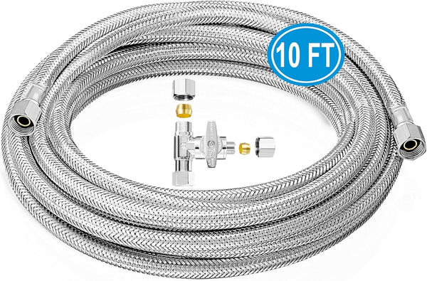 10FT Stainless Steel Braided Refrigerator Water Line Kit with Tee Stop Valve, Foodgrade PEX Inner Hose