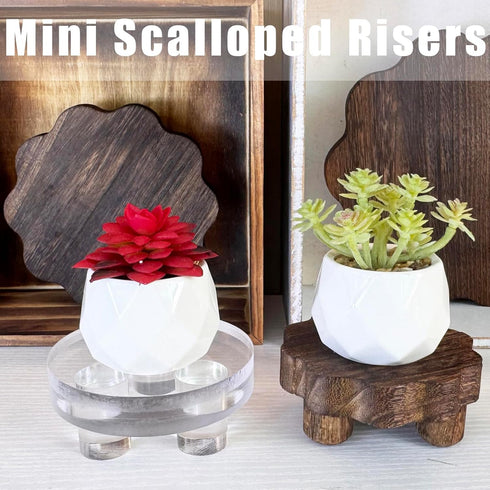 DEMULANS 3 Pack 4 Inch) Tiny Scalloped Wood Risers for Display ,Small Wooden Stands with Removable Feet Farmhouse